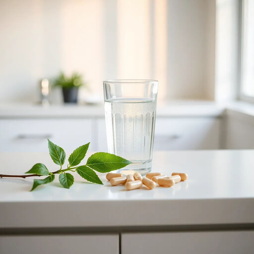 Minimal countertop with water, natural supplement capsules, and fresh green plant in warm light