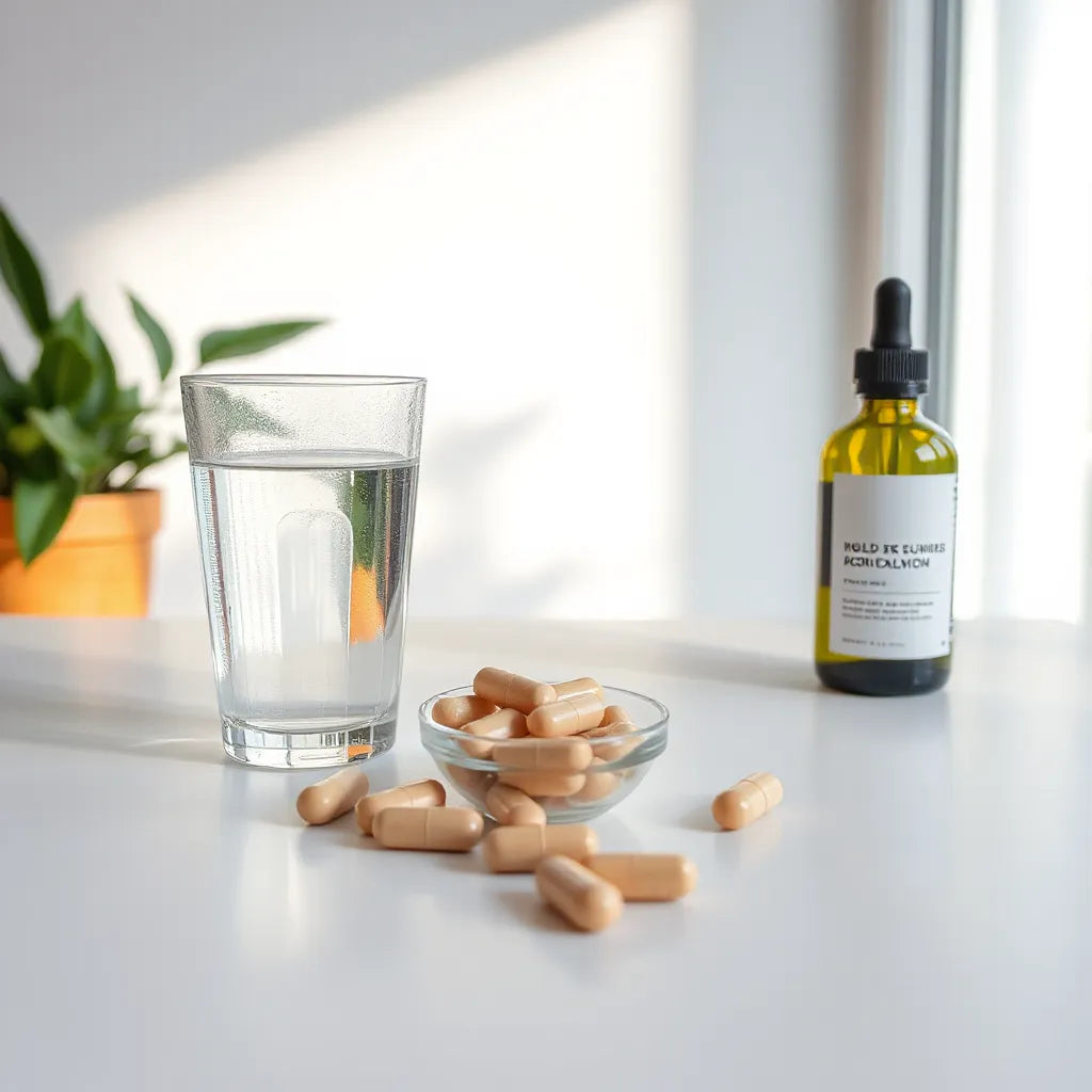 Neutral supplement capsules and a glass of water on a bright countertop with soft morning light