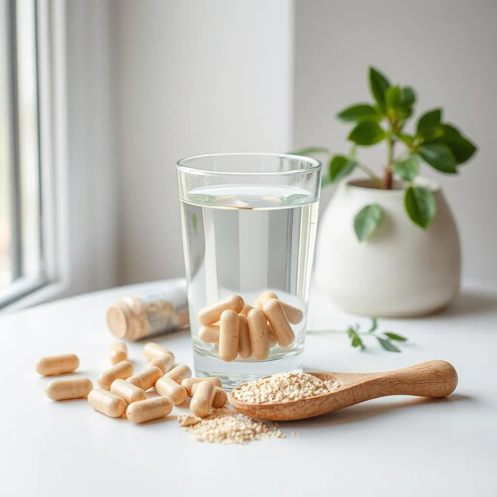 Natural supplement capsules and powder with water and soft morning light for healthy longevity support