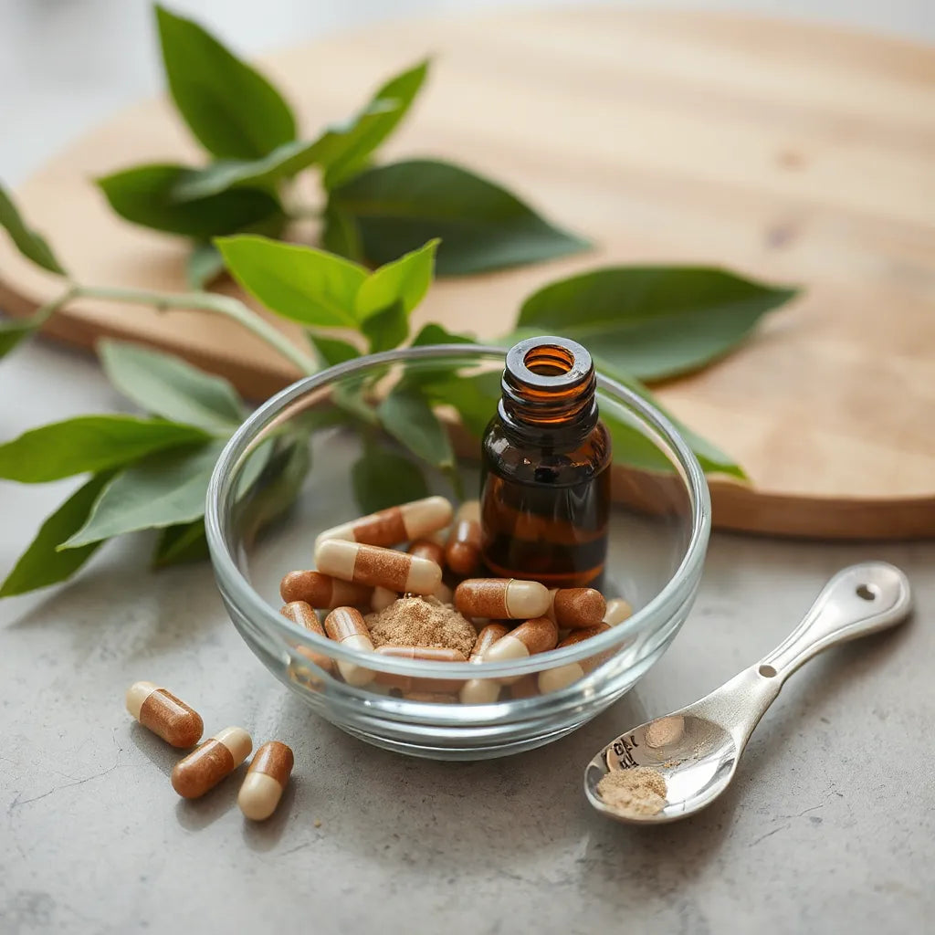 Supplement capsules and powder near natural wellness items on a wooden surface with warm lighting
