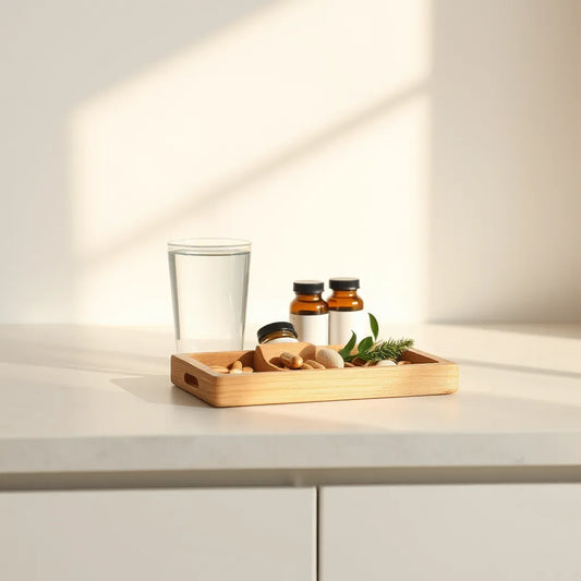 Minimal wellness scene with capsules, water glass, and a wooden organizer in natural light