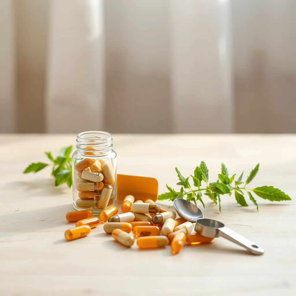 Natural supplement bottle and capsules on a wooden table with soft morning light and a green herb