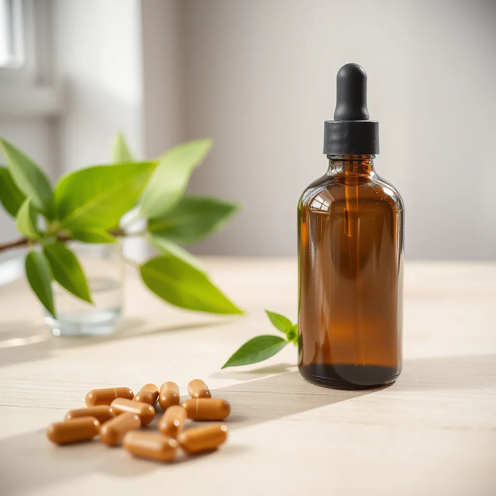 Natural supplements and capsules on a light wood surface with soft morning light and green leaves