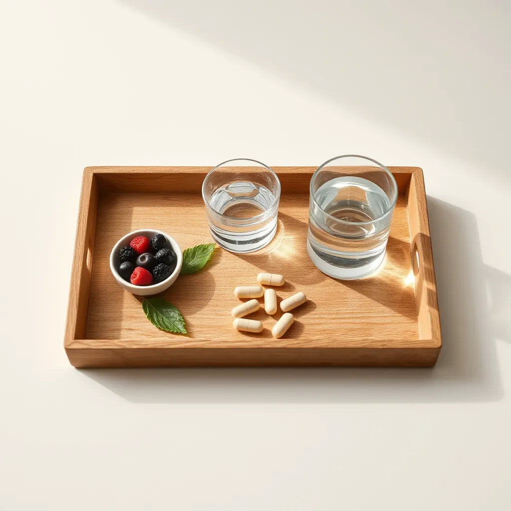 Natural supplement capsules, a glass of water, and fresh fruit on a minimalist tray with soft morning light