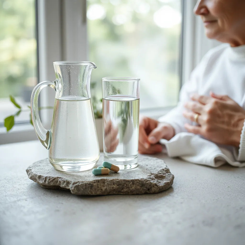 Capsules and water on a clean surface with soft natural light, suggesting anti-aging and longevity wellness support