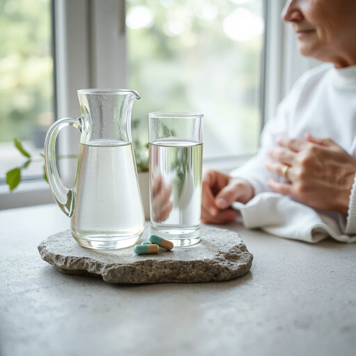 Capsules and water on a clean surface with soft natural light, suggesting anti-aging and longevity wellness support