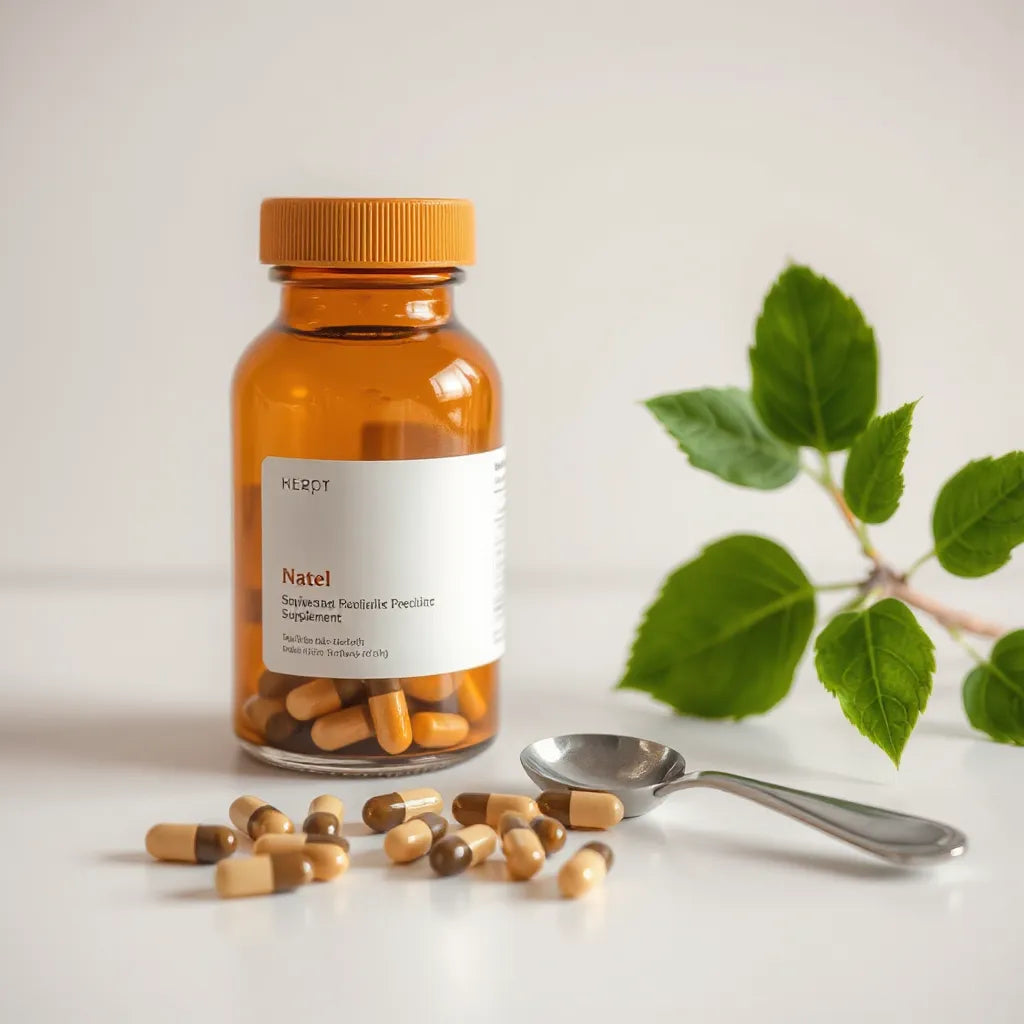 Minimal supplement scene with capsules and a bottle beside leafy greens for healthy aging.