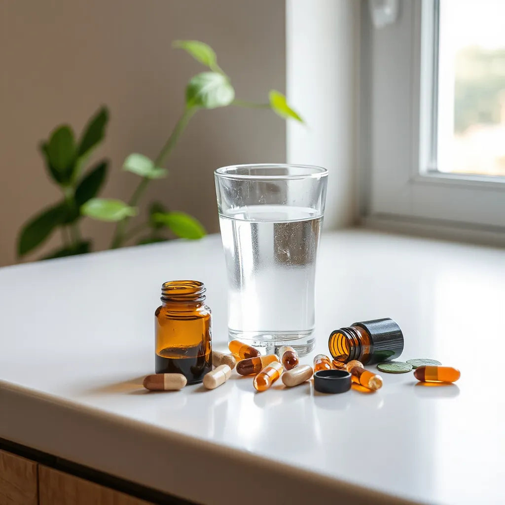 Assorted supplement capsules and water on a clean counter with soft morning light and greenery