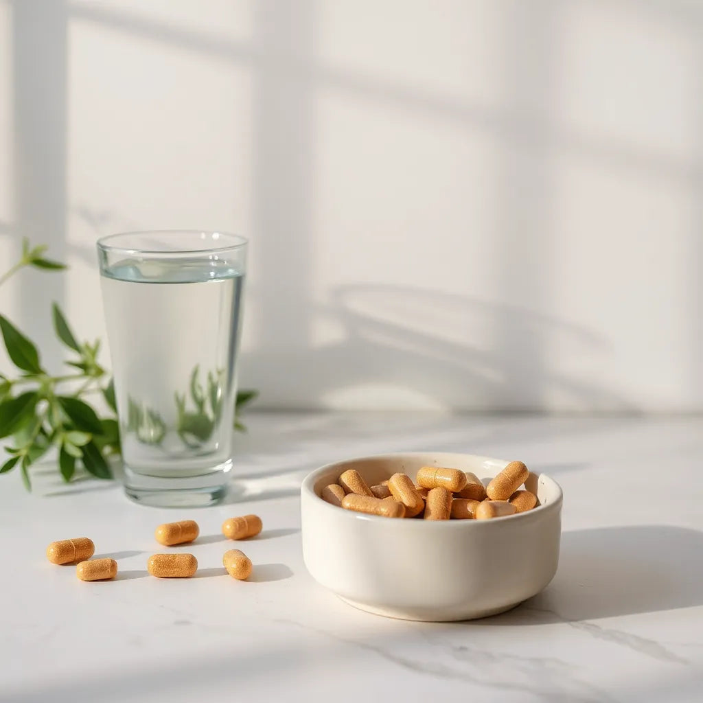 Natural supplement capsules and water on a clean countertop with soft morning light and greenery