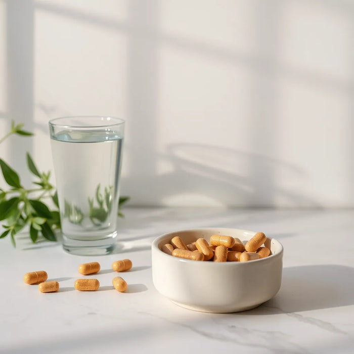 Natural supplement capsules and water on a clean countertop with soft morning light and greenery