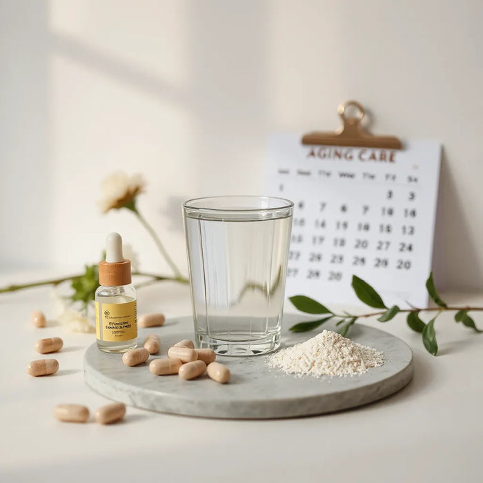 Neutral-toned supplement capsules and powders beside a glass of water under soft morning light.