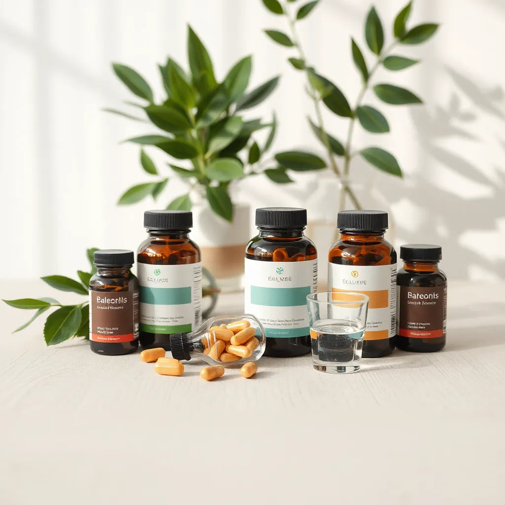 Minimalist wellness setup with supplement bottles and capsules beside water in soft morning light