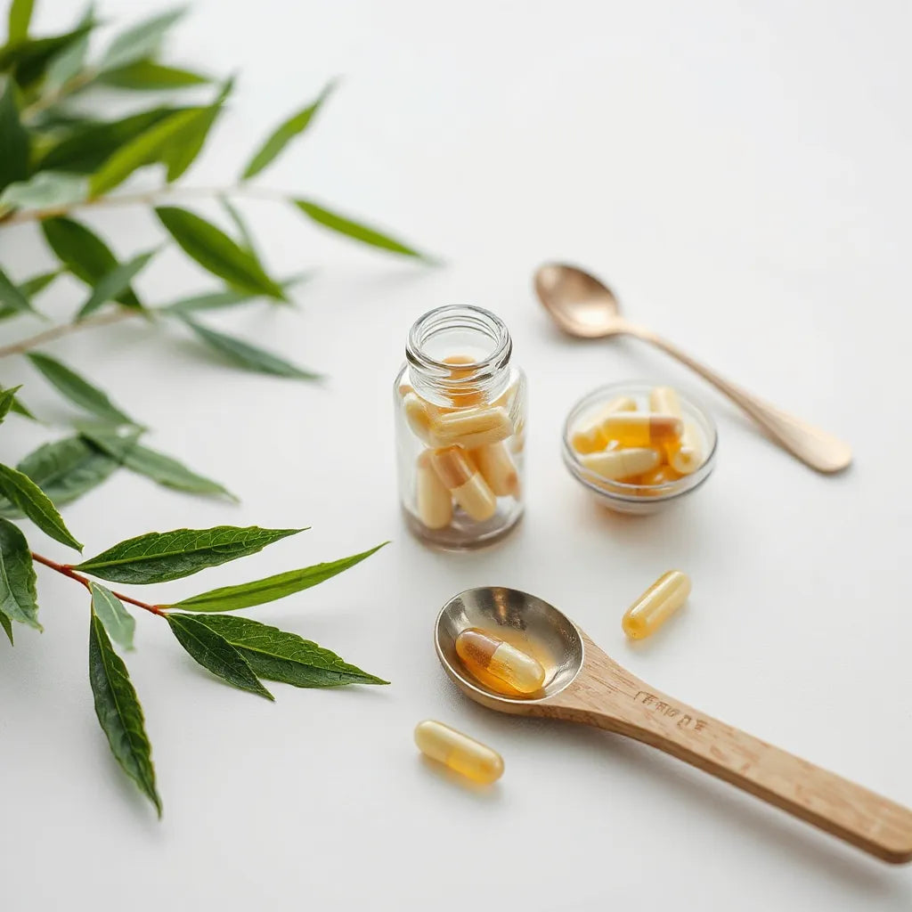 Minimal wellness still life with capsules and green leaves on a clean light background