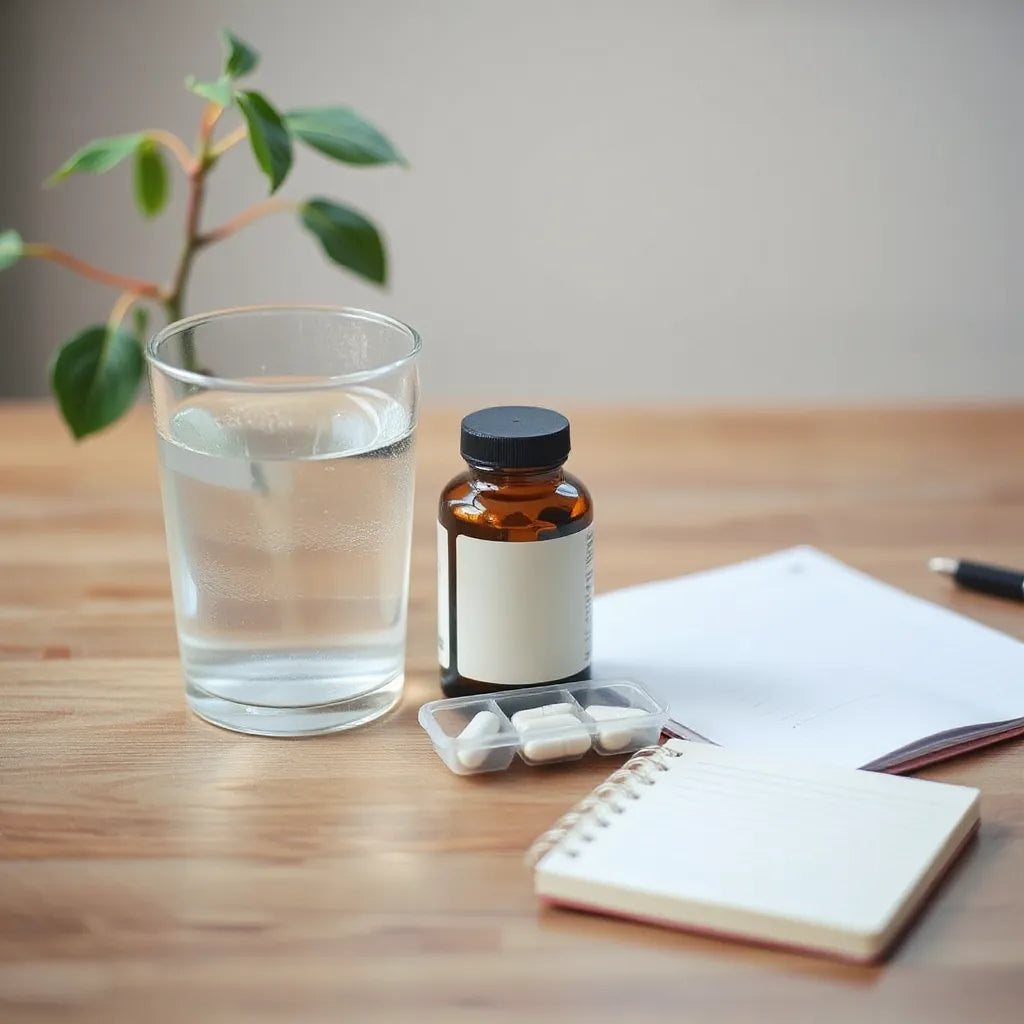 Minimal desk setup with water glass, supplement bottle, and pill organizer for longevity wellness