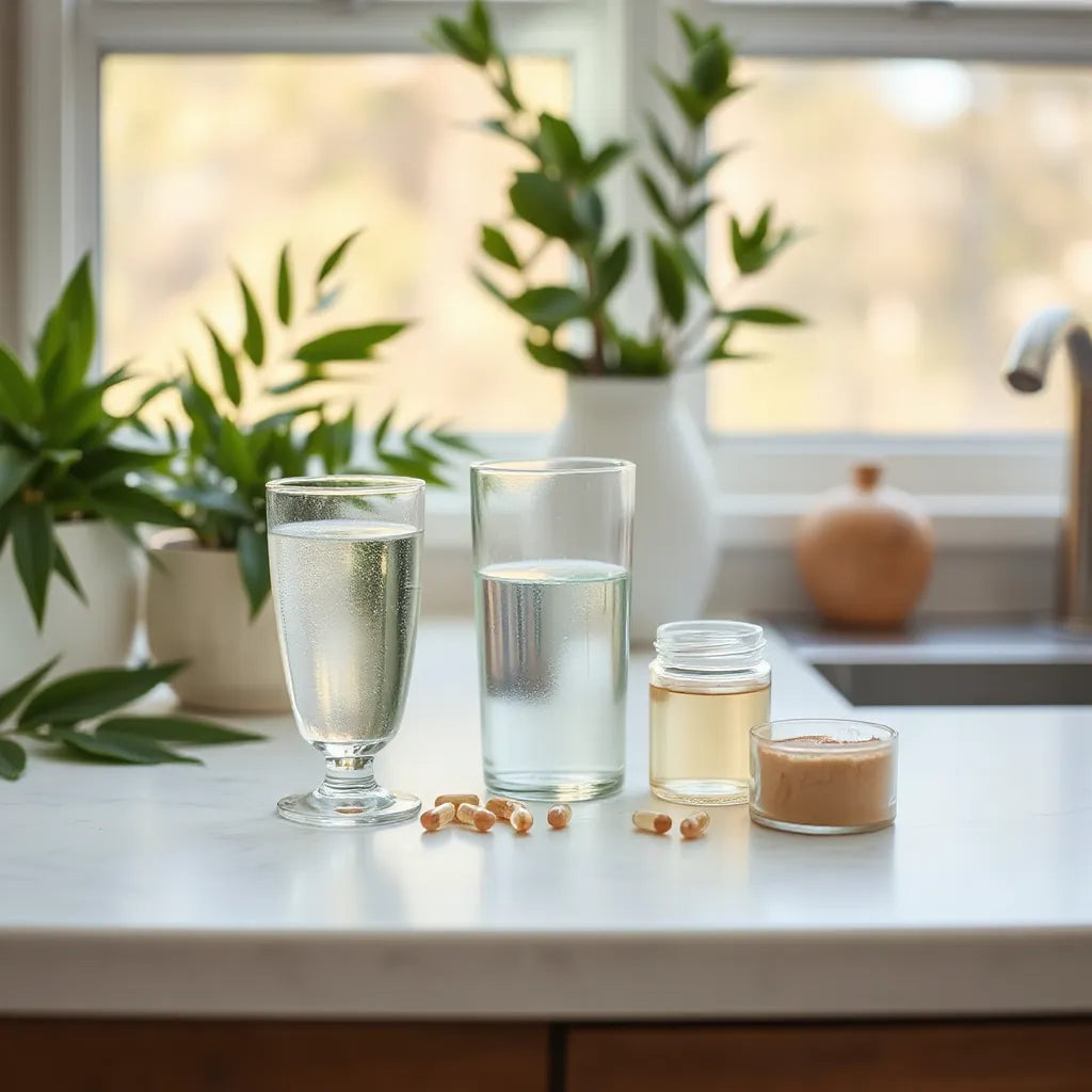 Neatly arranged capsules and powders beside water on a minimal wellness countertop with morning light