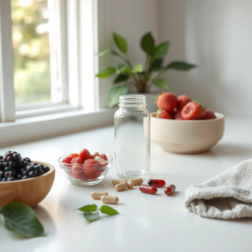 Supplement bottle with capsules and berries on a clean countertop in soft morning light for longevity wellness