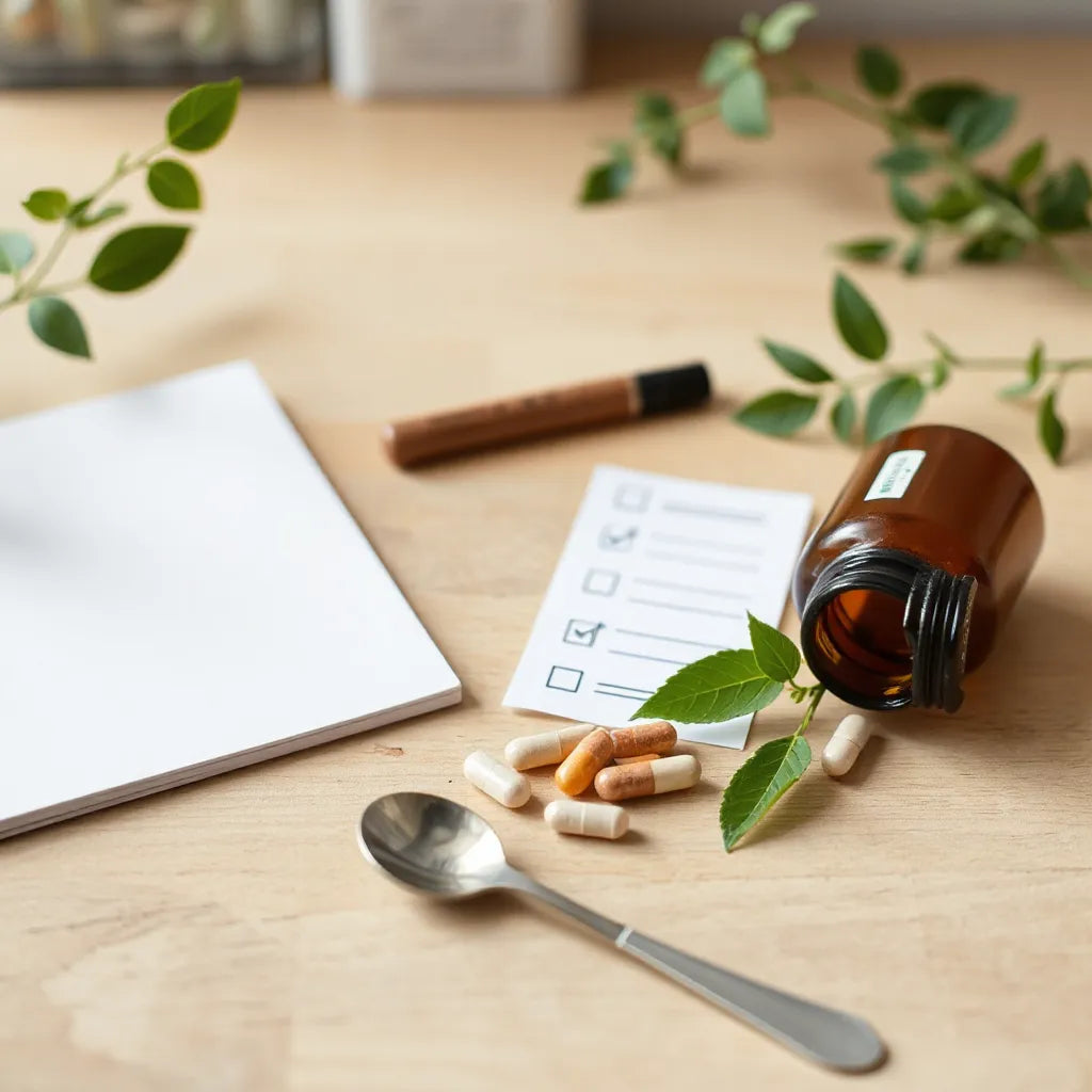 Neatly arranged supplement capsules and a checklist on a wooden desk under soft natural light