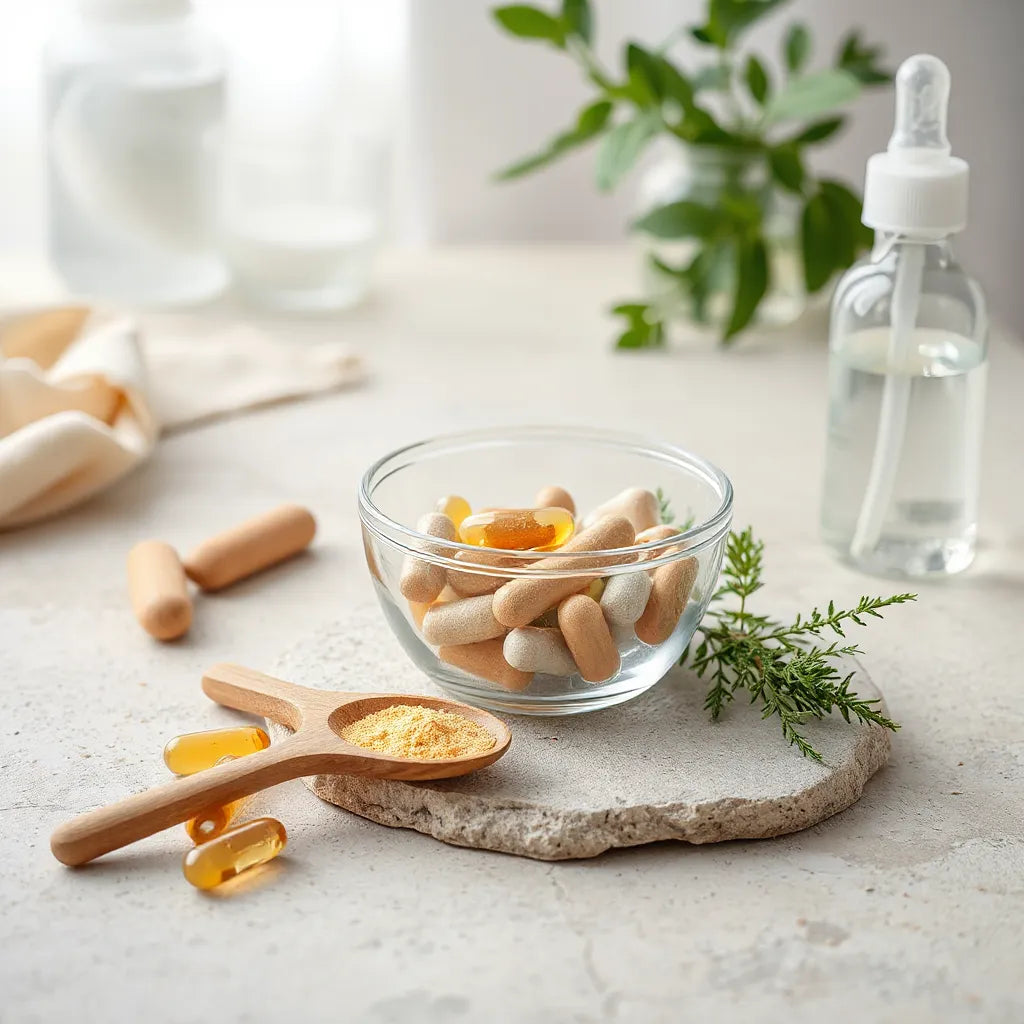 Natural supplement capsules and powders with herbs on a neutral stone surface under soft morning light