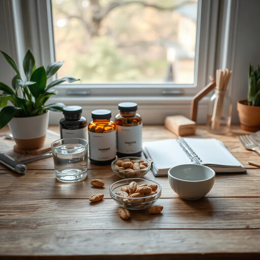 Unlabeled supplement bottles and a weekly organizer on a wooden desk with morning light for wellness planning