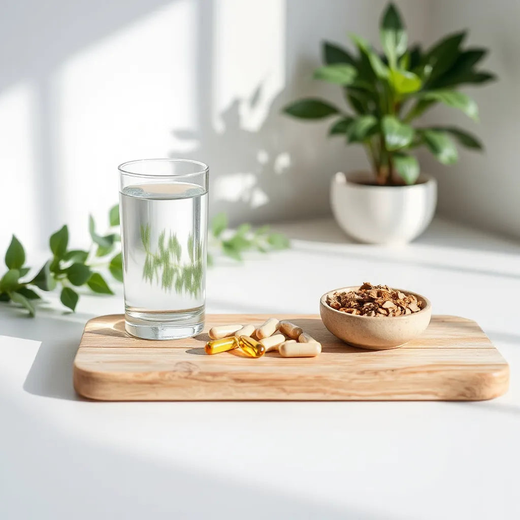 Natural supplement capsules, powder, and herbs arranged on a tray with soft morning light