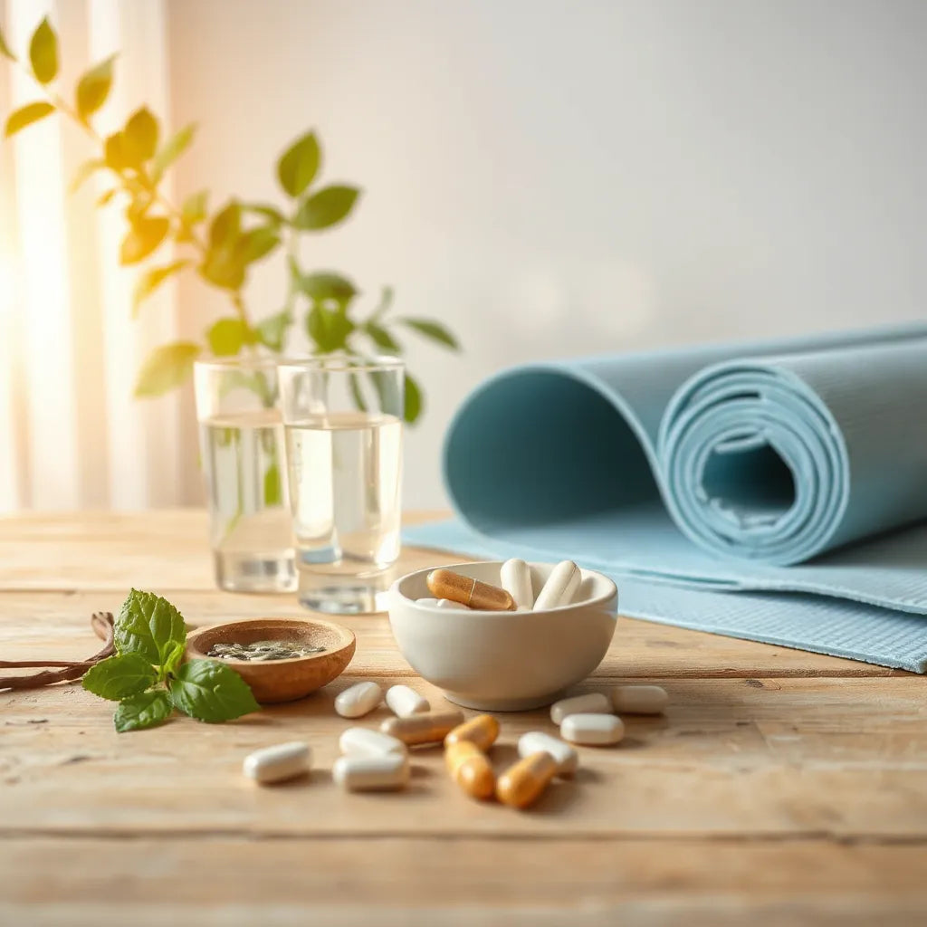 Wellness desk with water glass and assorted supplement capsules in natural morning light