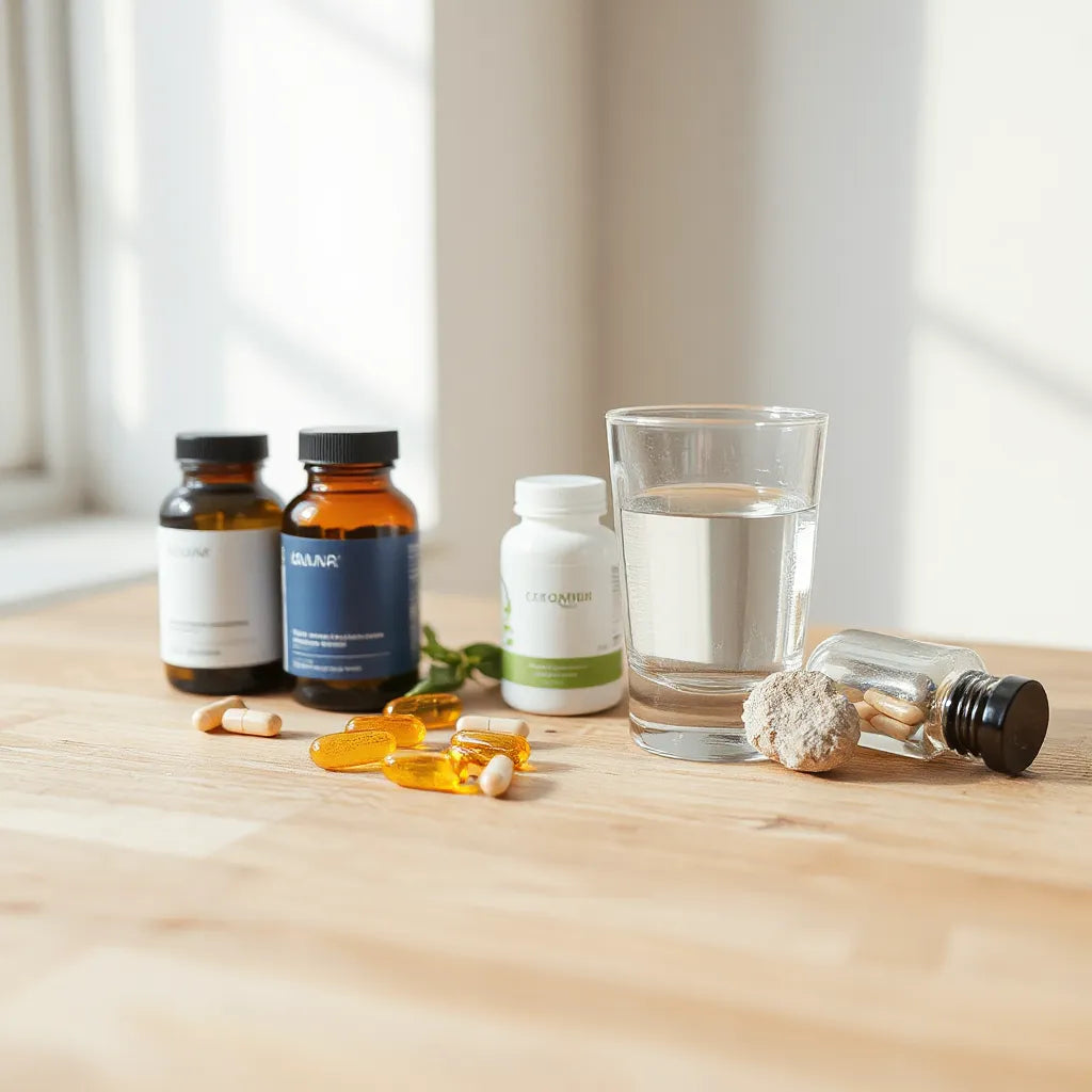 Neatly arranged supplement bottles and capsules beside water on a clean wooden surface