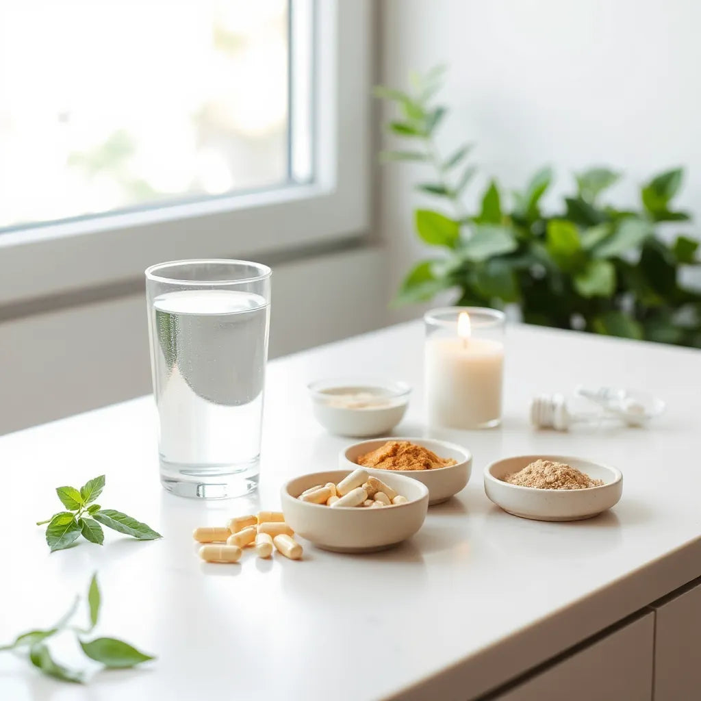 Minimalist wellness countertop with water, natural supplement capsules, and herbs in soft morning light