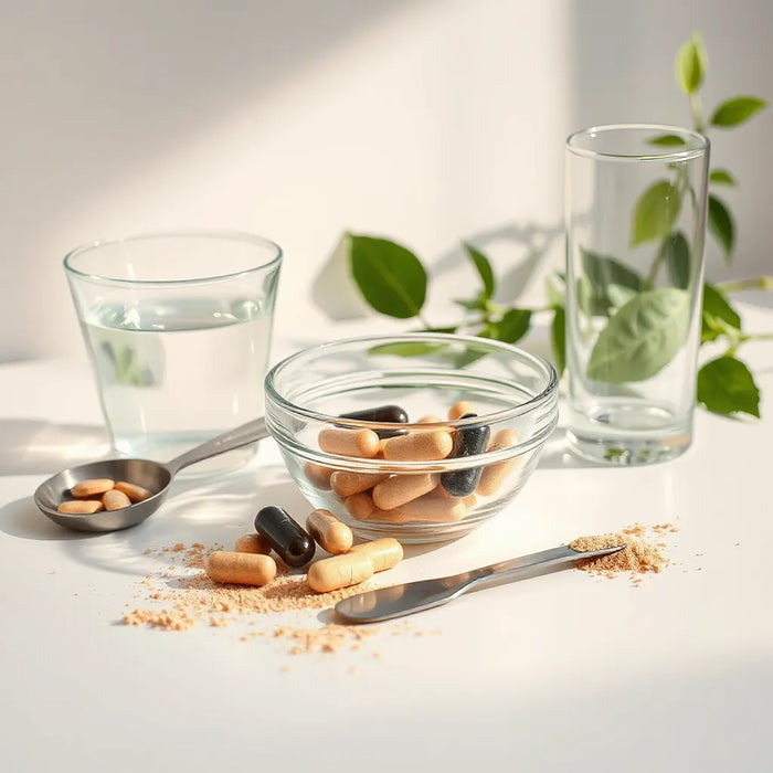 Assorted wellness capsules and powders with a glass of water on a clean, calm tabletop