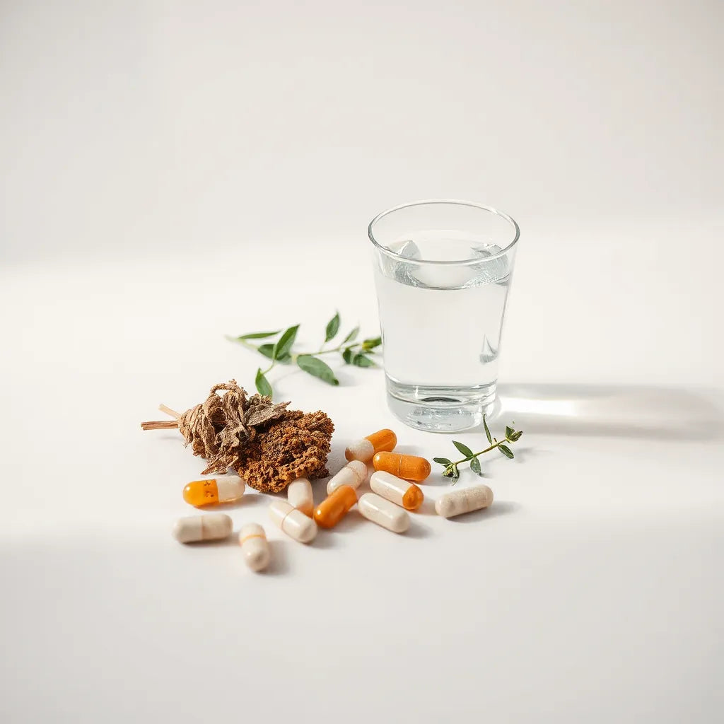 Assortment of capsules and natural wellness ingredients on a clean, light background with soft natural lighting