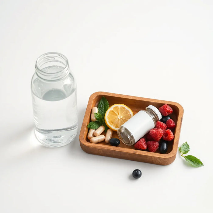 Capsules and supplement bottle on a tray with fresh fruit and water in soft natural light