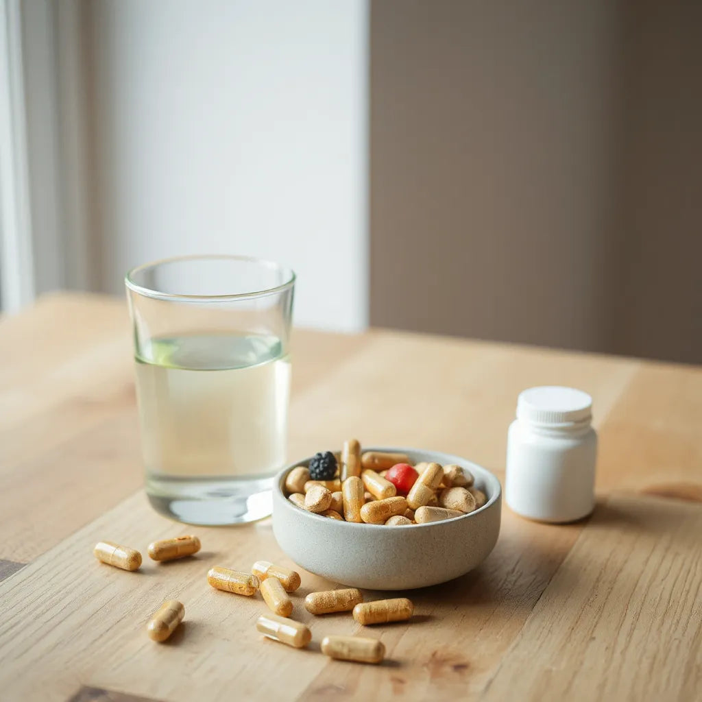 Neatly arranged supplement capsules and wellness ingredients on a wooden countertop with soft natural light