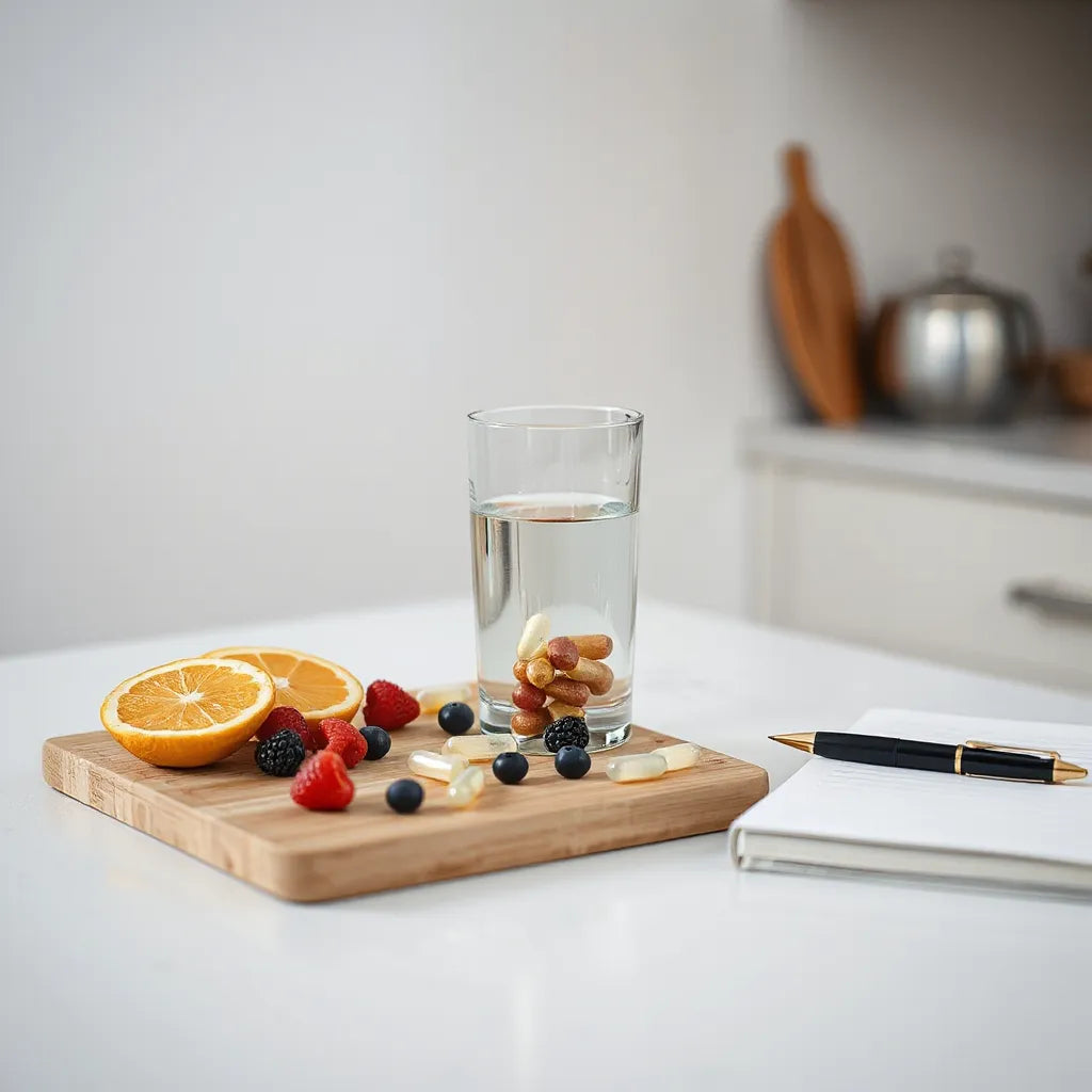 Natural supplement capsules, water glass, and fresh fruit on a bright minimal kitchen counter