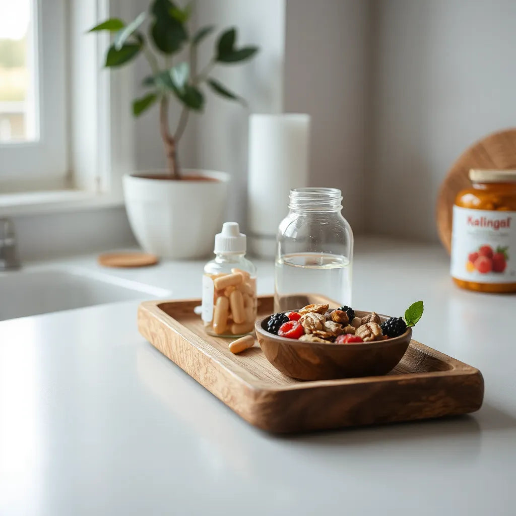 Small tray with capsules, water glass, and berries in warm morning light for wellness and longevity