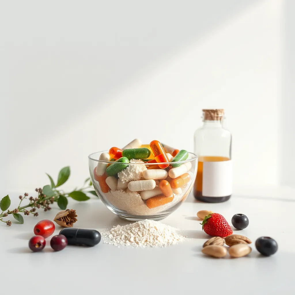 Mixed supplement capsules and powders with fresh wellness ingredients on a clean countertop