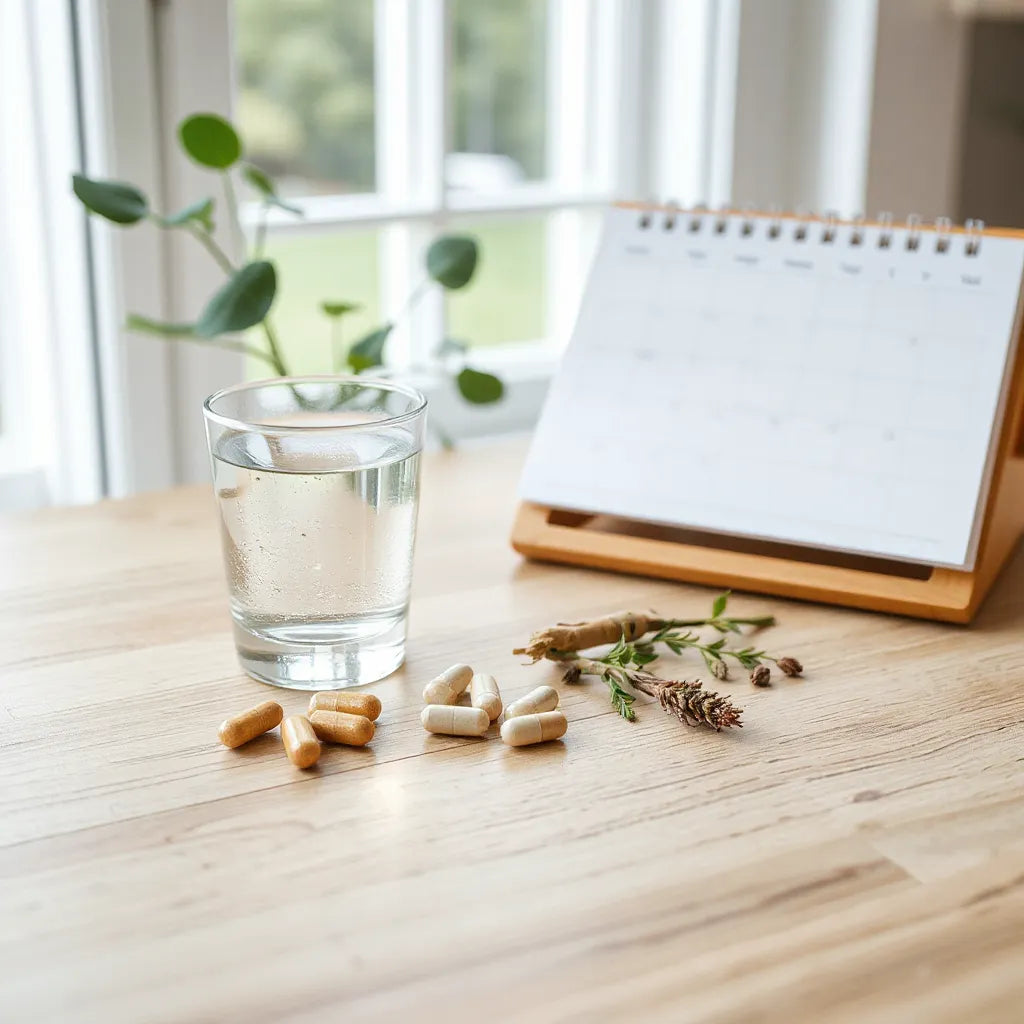 Clean table with water, supplement capsules, and herbs under soft morning light for longevity wellness