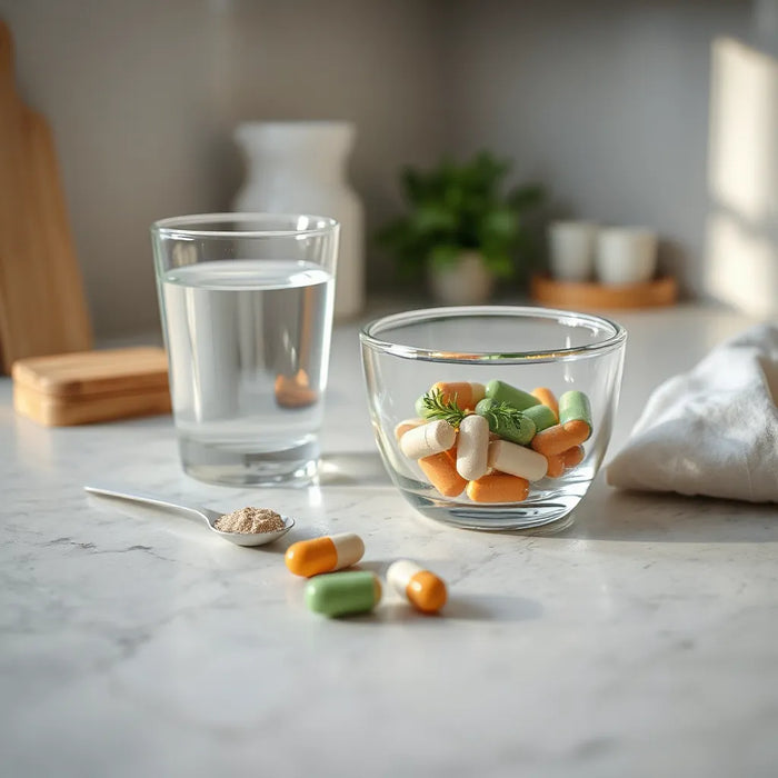 Minimal supplement setup with capsules, powders, water glass, and fresh herbs for longevity and anti-aging.