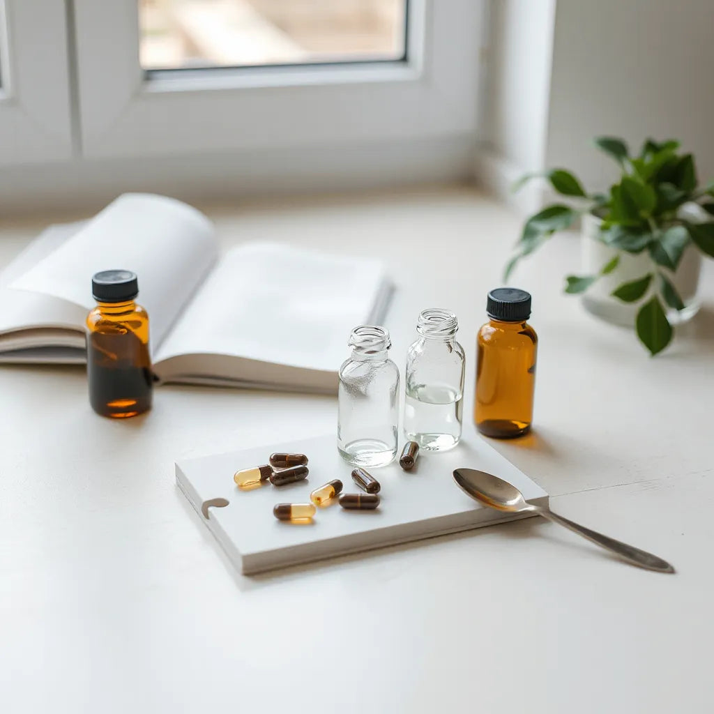 Neatly arranged supplements with capsules and small bottles on a light countertop with soft morning light