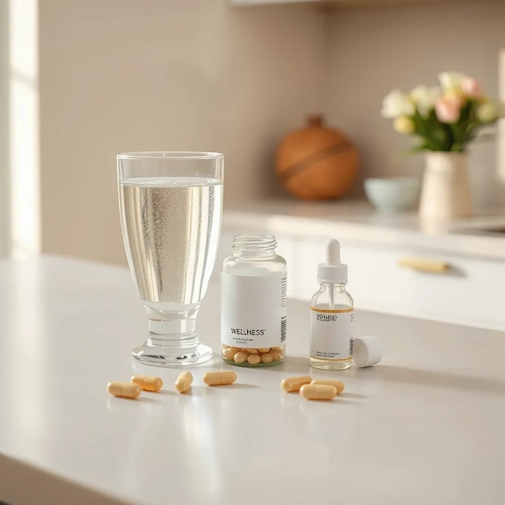 Minimal wellness setup with capsules and a bottle beside water under warm morning light