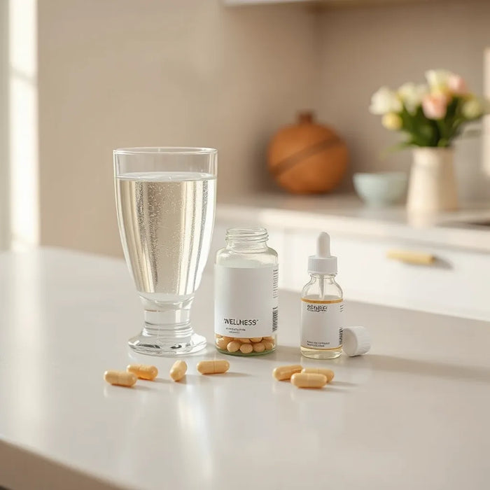 Minimal wellness setup with capsules and a bottle beside water under warm morning light