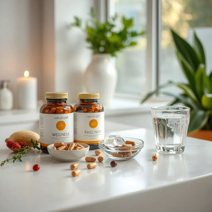 Neatly arranged wellness supplements with capsules and water on a clean countertop