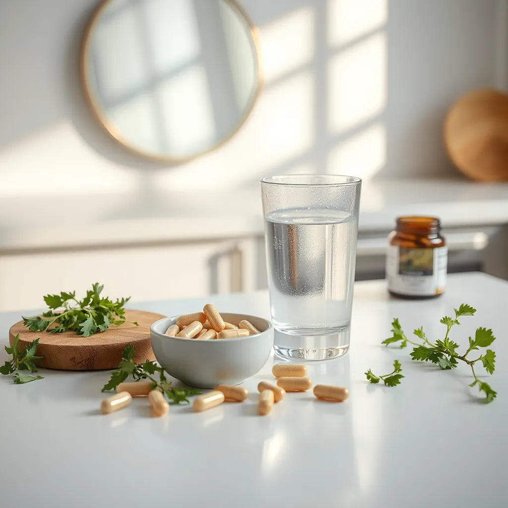 Capsules and supplement jar with a glass of water and fresh herbs on a clean counter