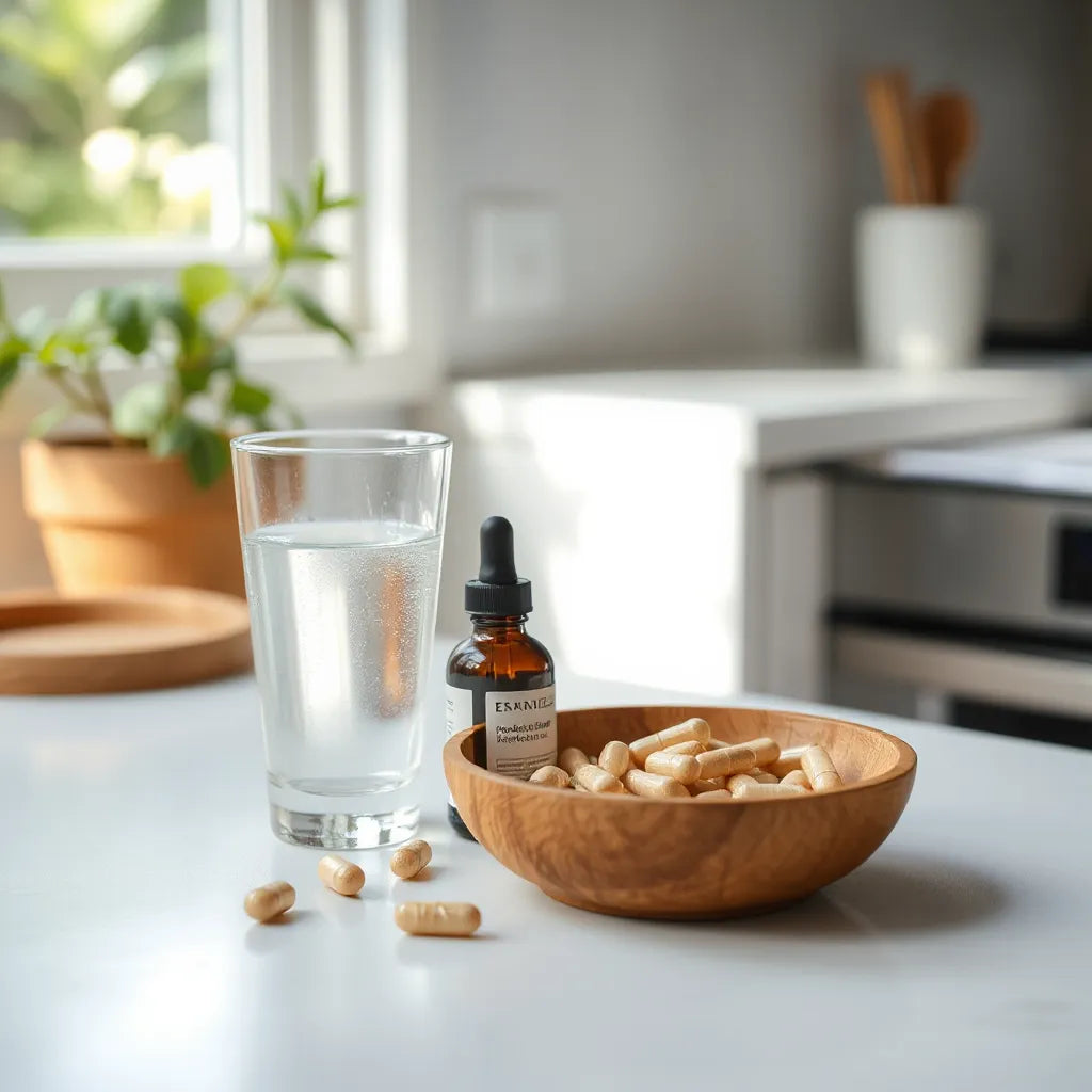 Capsules, water, and a minimalist serum bottle on a clean countertop with soft morning light