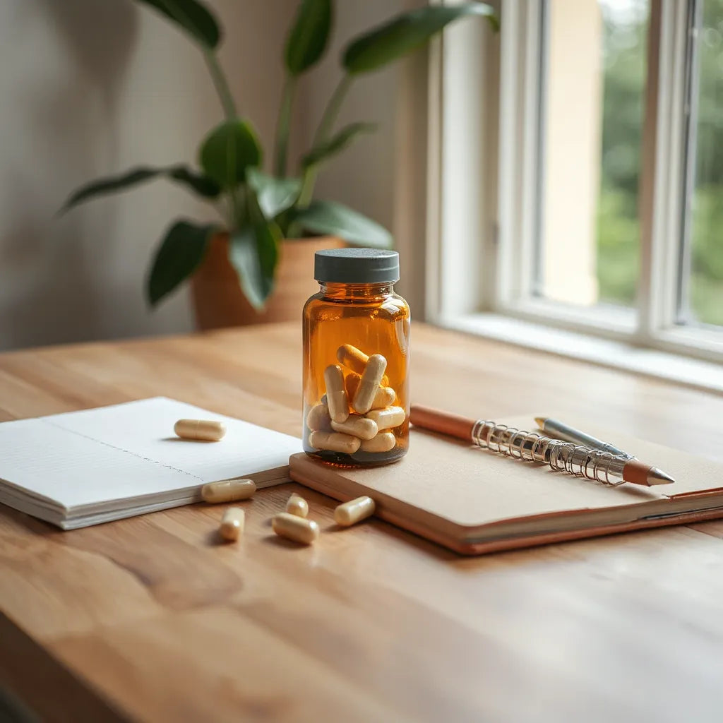 Capsules and a checklist on a desk under soft natural light for longevity supplement guidance
