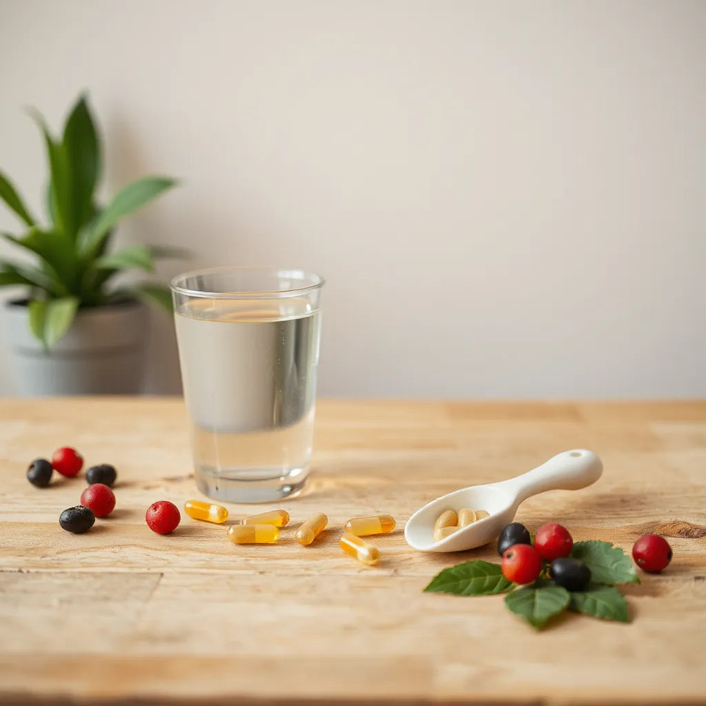 Capsule supplement bottle with water and natural ingredients on a wooden surface for healthy longevity support