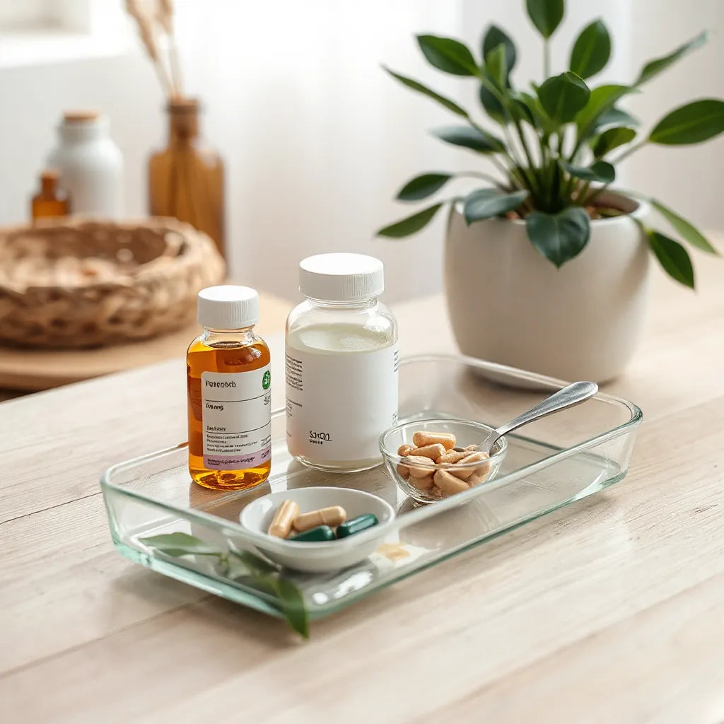 Generic supplement bottles and capsules on a clean tray with soft natural light and minimal background decor