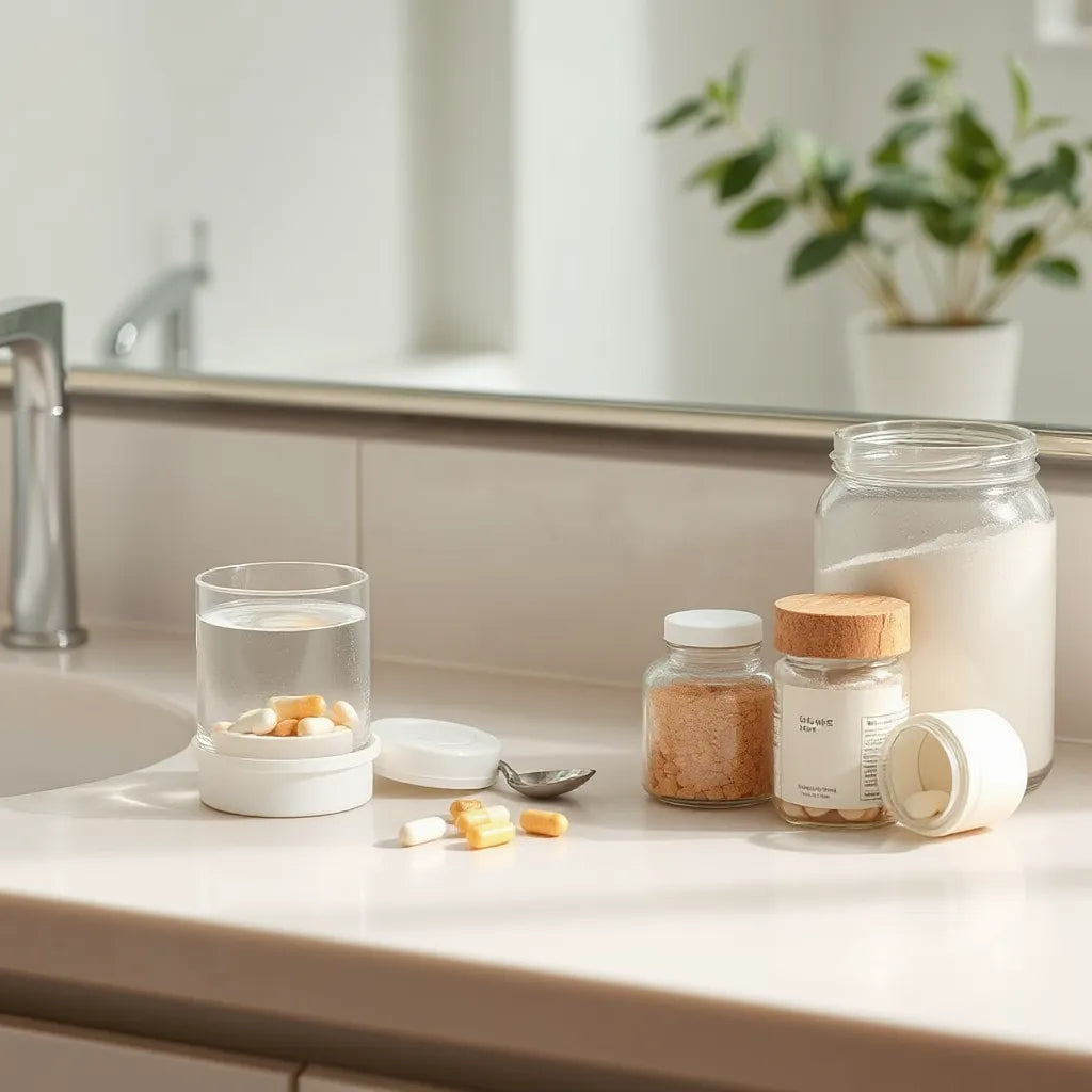 Minimalist countertop setup with water glass, pill organizer, and natural supplement items for daily longevity support