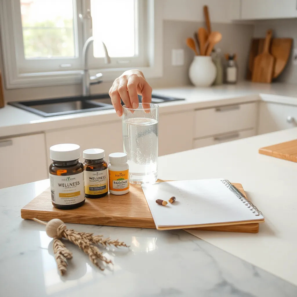 Person preparing a glass of water beside wellness supplements on a minimal kitchen counter