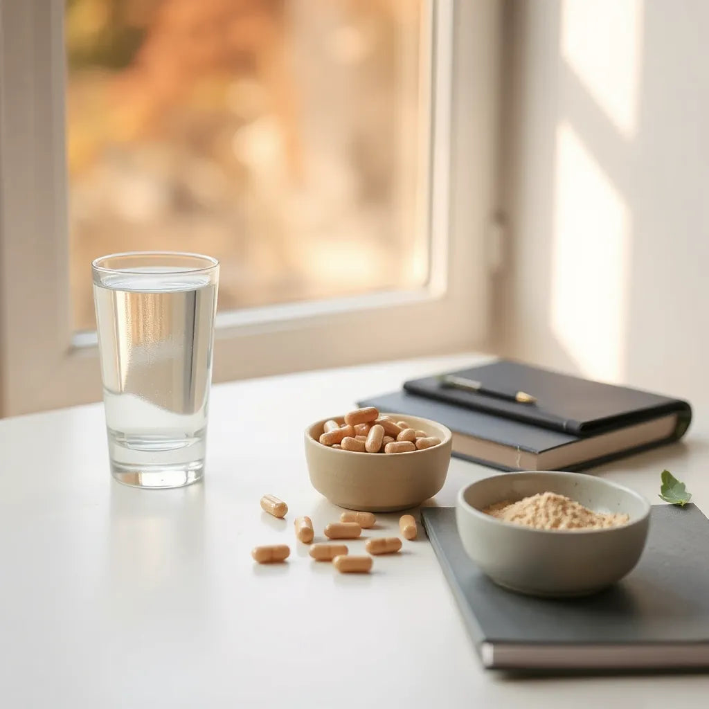 Natural supplement capsules and powders on a minimal wellness table with morning sunlight