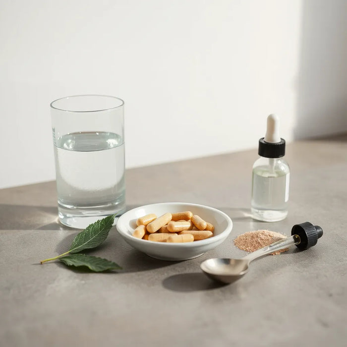Natural supplement capsules and wellness essentials arranged on a clean countertop under soft morning light