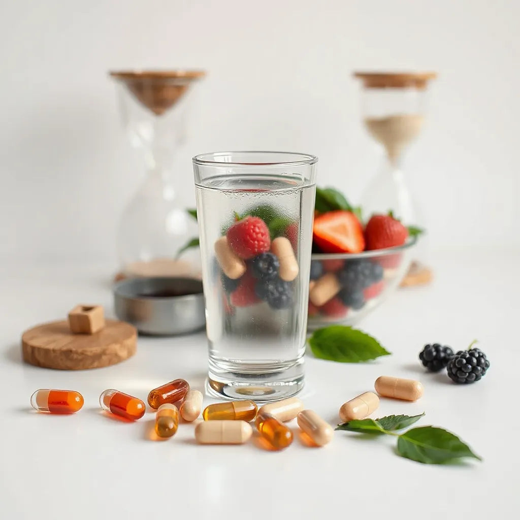 Assorted natural supplement capsules with water and fresh greens on a minimal desk